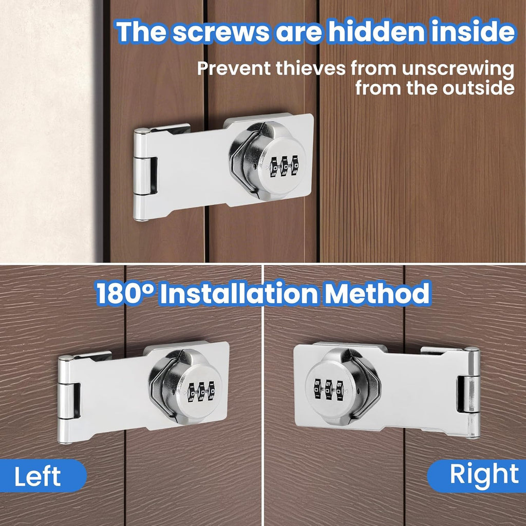 Keyless Cabinet Lock with Combination Code - 3-Digit Password Hasp Latch Lock for Drawers, Bifold Closet Door and Double Sided Door (Silver, 4.5 Inch, 2 Pack)