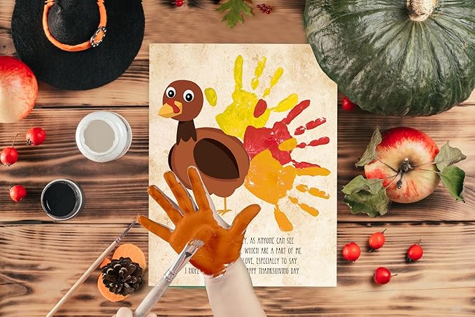 Handprint Art Craft Kits, DIY Happy Thanksgiving Keepsake, Handprint Baby Keepsake Gifts, 10 Turkey Cards, Thanksgiving Party Games, Make Your Own Thank You Greeting Cards Gifts for Mom and Dad, 01