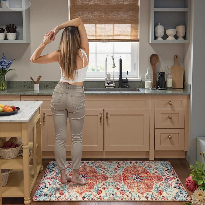 Lahome Floral Washable Kitchen Runner Rug - 2x6 Hallway Entryway Runner Rug, Oriental Medallion Distressed Non-Slip Mat, Bohemian Low-Pile Floor Carpet Runners for Bathroom Laundry Bedside, Orange