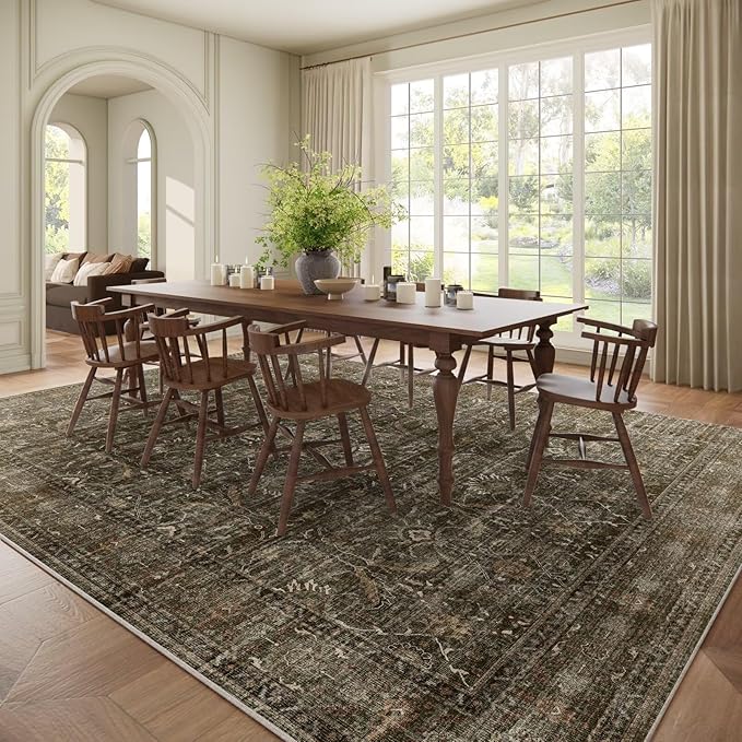 Washable 10x14 Area Rugs for Living Room, Boho Non-Slip Silicone Backing Rugs for Bedroom Dining Room Office, 0.3" Neutral Oriental Throw Carpet with 0.16" Cushioning Pad, Deep Brown/Multi