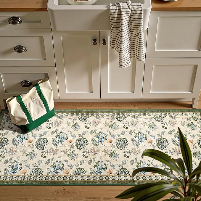 jinchan 2x5 Floral Runner Rug for Hallway Washable Kitchen Runner Vintage Romance Design Non Slip Thin Indoor Floor Cover Low-Profile Throw Carpet for Entryway Bathroom Bedroom Porch, Green/Beige
