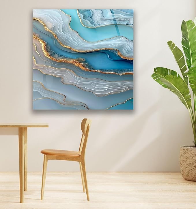 My Photostation.com 27Wx43H'' Turquoise and Blue Alcohol ink Glass Wall Art Tempered Glass Printing Wall Decor Large Wall Art Wall Hangings