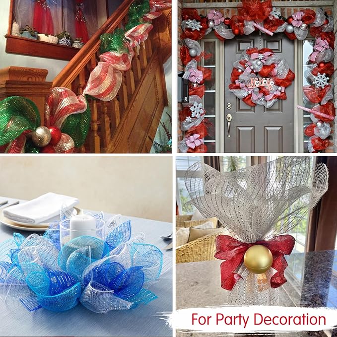 TONIFUL 4 Roll 10 Inch Red Striped Decorative Mesh Ribbon Rolls, Fabric Mesh with Foil for Wreaths Front Door Decor Christmas Festival Party Accessories Party Decoration Supplies (10yds/roll