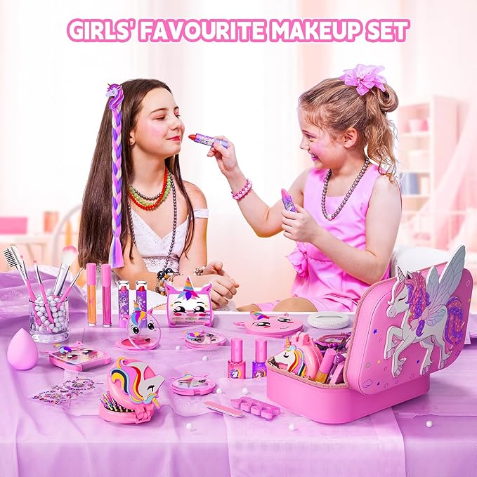 Kids Makeup Kit for Girl - Girls Makeup Kit Toys with Flying Horse Storage Case, Kids Play Makeup Set for Christmas Birthday Gift 3 4 5 6 8 10 11 12+ Years Old