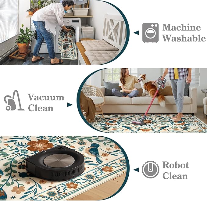 Moynesa Washable Boho Bird 6x9 Area Rugs, Ultra Thin Soft Living Room Rugs for Bedroom Non Slip, Stain Resistant, Easy Clean, Large Beige Indoor Throw Carpet for Dining Room Office Nursery