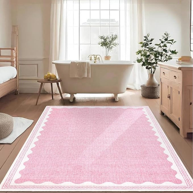 Scalloped Washable Rugs for Living Room, Solid Pink 6x9 Area Rugs for Bedroom Girls, Non Slip Scalloped Rug with Rubber Back, Soft Dorm Nursery 6x9 Rugs for Dining Room