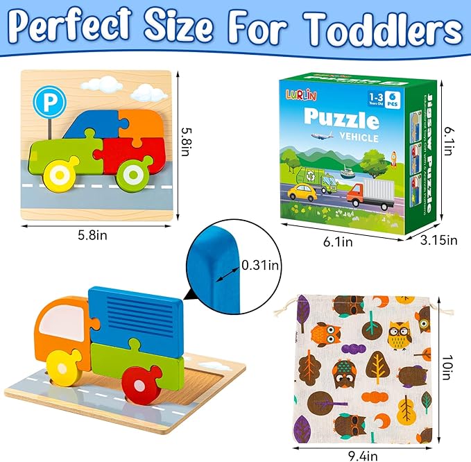 Wooden Vehicle Puzzles Toy Gift for 1, 2, 3 Years Old Boys Girls, Toddler Best Birthday Gift with 6 Vehicle Baby Montessori Color Shapes Learning Puzzles - Kids Educational Developmental Toys