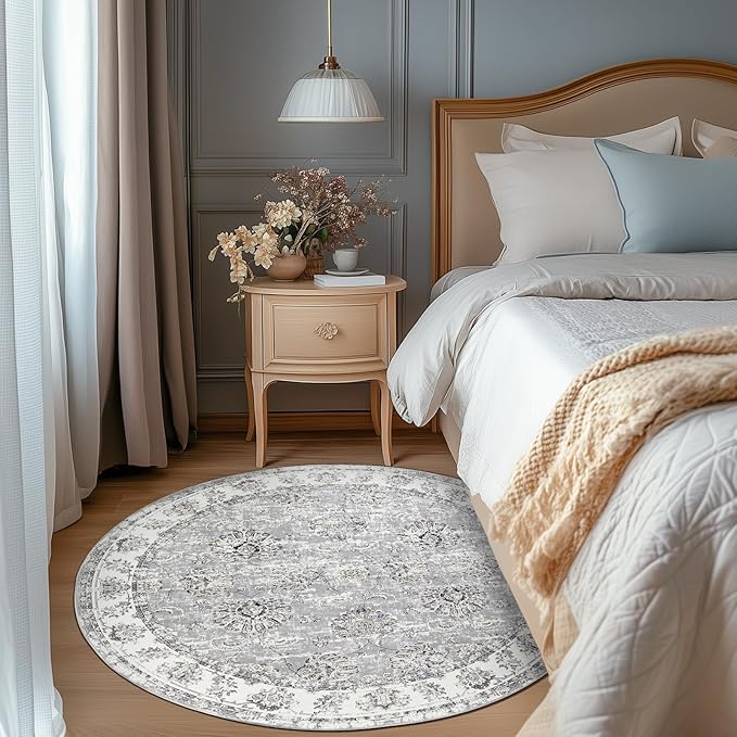 jinchan Round Rug 5ft Area Rugs Vintage Floral Distressed Design - Machine Washable Non-Slip Low-Pile Ultra-Thin Circle Rug for Entryway Bedside Living Room Dining Room Bedroom (5' Round,Grey)