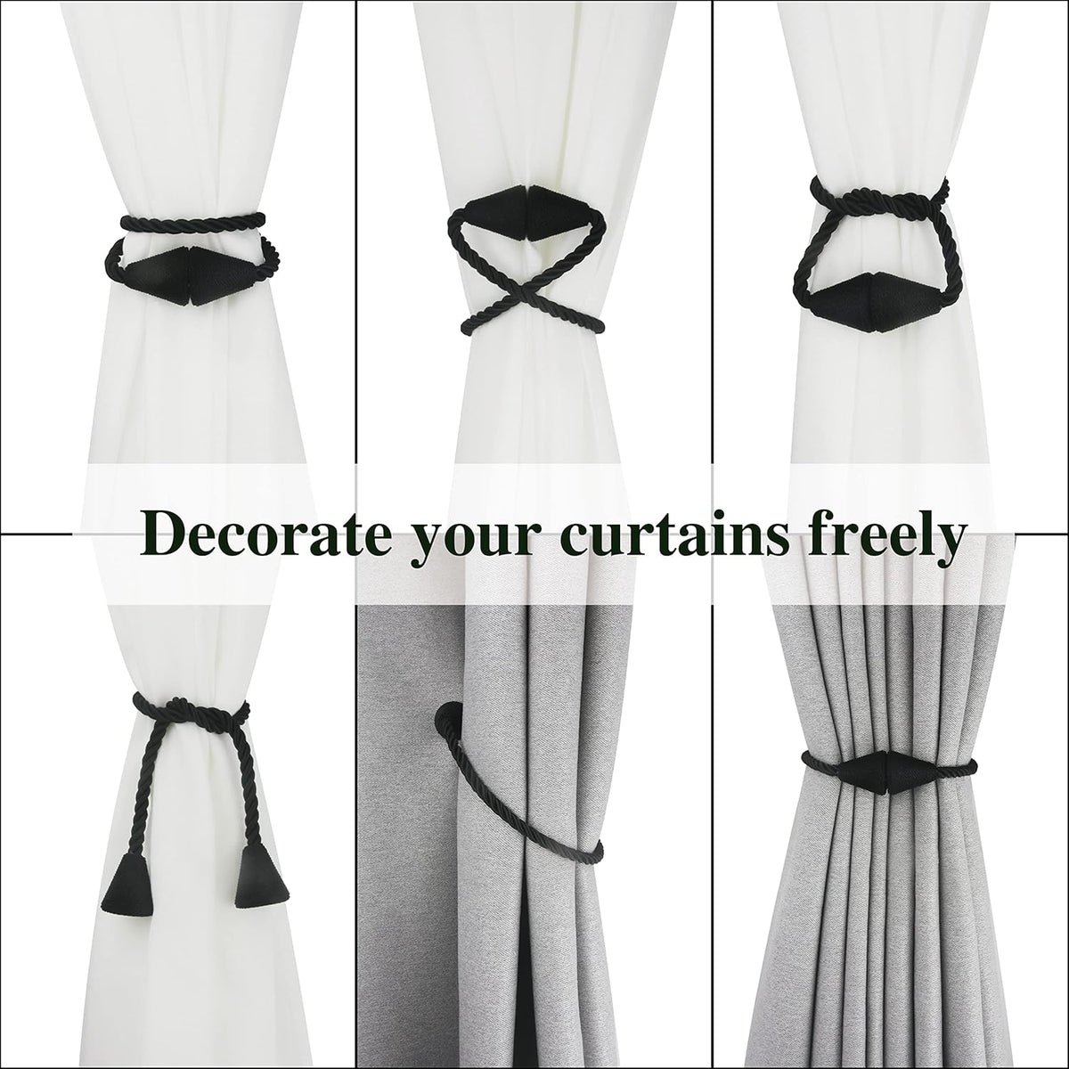 2 Pack Magnetic Curtain Tiebacks Rope Modern Handmade Curtain Tie Backs Decorative Drapes Weave Holdbacks for Window Décor, Black