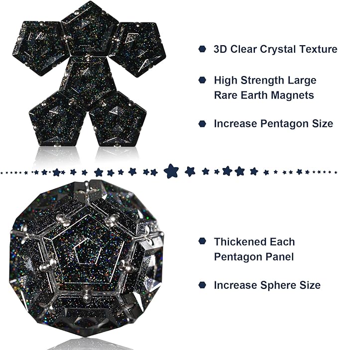 Magnetic Fidget Sphere Magnets Balls - Crystal Black Holographic Glitter - Magnet Fidgets Toy - 12 Piece Set - Creativity Beyond Imagination, Inspirational, Recreational, Desk Toys for Adults