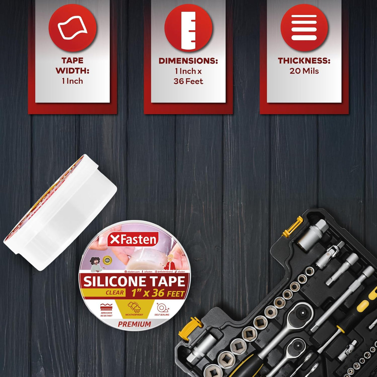 XFasten Self Fusing Silicone Tape Waterproof Clear – 1" x 36 Feet, Self Amalgamating Tape, Silicone Rubber for Plumbing, Sealing Pipes, Hose Repair, Outdoor Coax and Electrical Cables – Weatherproof