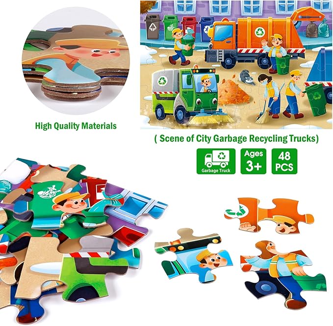 Jumbo Floor Puzzle for Kids,Recycling Garbage Truck Jigsaw Large Puzzles,48 Piece Trash Truck Vehicle Puzzle for Toddler Ages 3-5,Children Learning Preschool Educational Toys,Gift for 4-8 Years Old