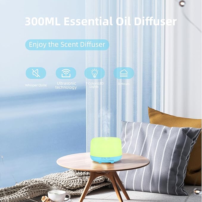 300ML Air Diffuser for Essential Oils, Ultrasonic Aromatherapy Diffuser, Remote Control Aroma Diffuser Humidfer, 7Color Changing LED Light,Auto-Off, Timer for Home, Bedroom, Office, Kids.