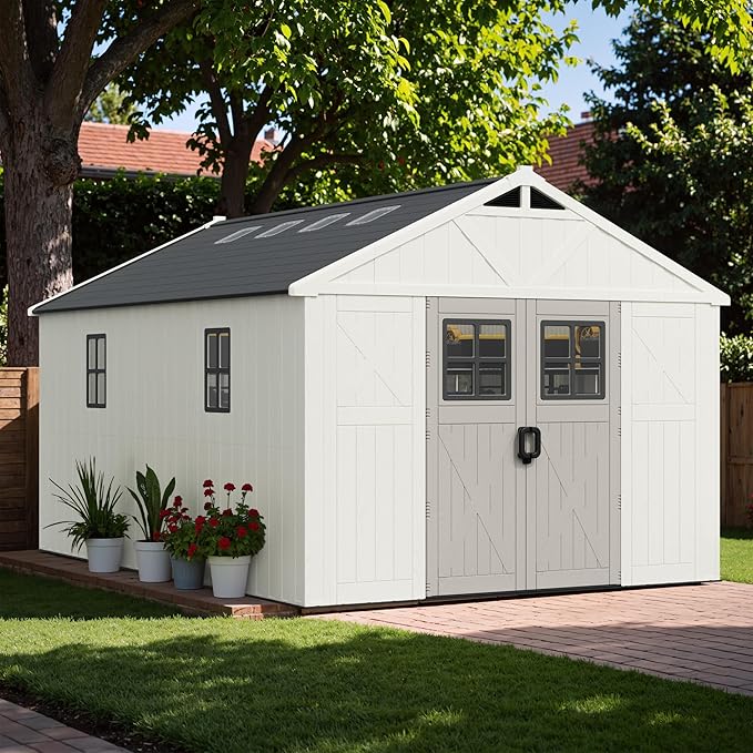 Greesum 10×14 FT Plastic Outdoor Storage Shed with Floor and Lockable Door, Resin Sheds with Windows and Skylights, Weather Resistant Organization for Garden, Lawn, Pool Supplies, Beige