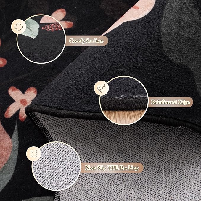 Beeiva Washable Rugs 8x10 for Living Room - Scalloped Floral Printed Soft Non Slip 8 x 10 Area Rug for Dining Room Boho Flower Ultra-Thin Aesthetic Carpet for Kids Room Dorm Office(Black,8x10ft)