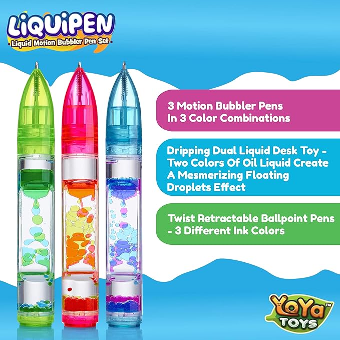 YoYa Toys Liquipen - Liquid Motion Bubbler Pen Toy (3 Pack) - 3 Colors - Colorful Timer Pens for Focus, Stress & Anxiety Relief - Fun Desk Fidget Toy for School & Office - Great Gift for Kids & Adults
