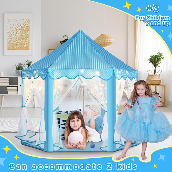 Monobeach Princess Tent Girls Large Playhouse Kids Castle Play Tent with Star Lights Toy for Children Indoor and Outdoor Games, 55'' x 53'' (DxH) (Blue Prinecss Tent with Little Star Lights)