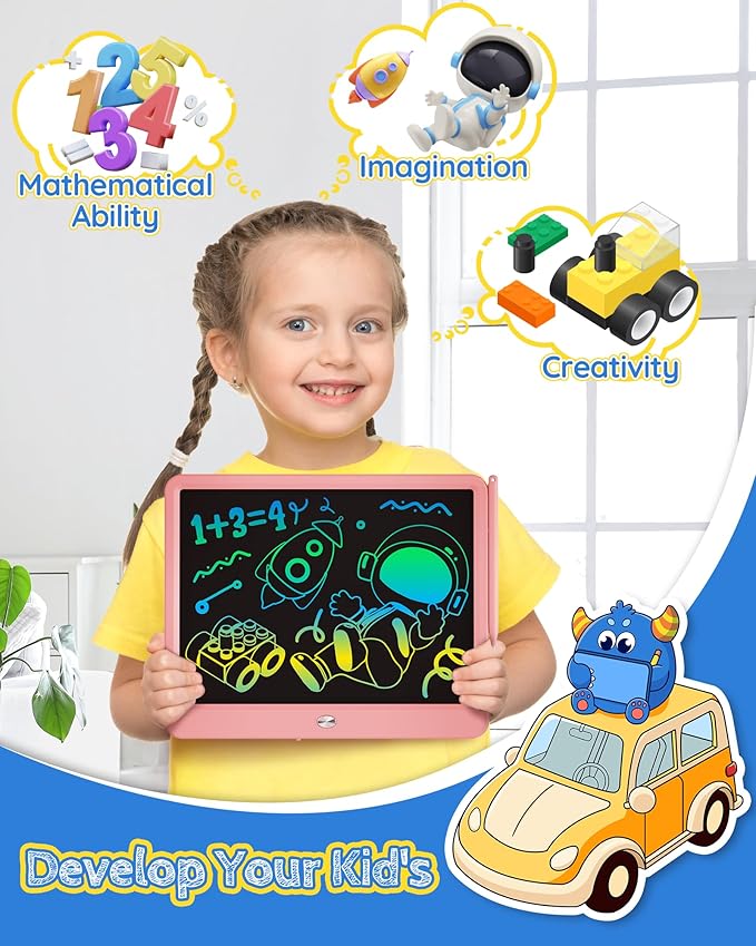 TEKFUN LCD Writing Tablet for Kids Girls Toys, 12 Inch Erasable Drawing Tablet Doodle Board Colorful Doodle Pad, Gifts for Toddlers Girls Adults (Pink)