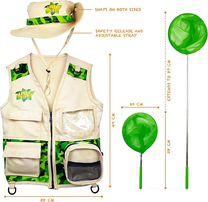 Bug Hunting Kit, Green Safari Vest, Hat, Binoculars, Lg. Butterfly Net, Bug Container, Whistle, Flashlight, Magnifier, Thermostat, Compass, Age 3+