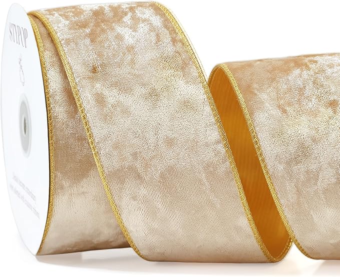 Champagne Christmas Velvet Ribbon Wired (2.5" × 15 Yards) - Christmas Ribbon for Christmas Tree Decoration/Gift Wrapping/Crafts Wreaths Supplies