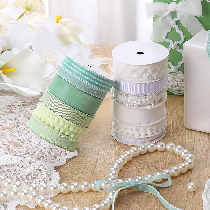 LaRibbons Green Ribbons for Crafts 6 Rolls Assorted Mint Green Ribbons for Gift Wrapping, DIY Crafts, Sewing, Hair Bows and Party Decorations 27.5 Yards