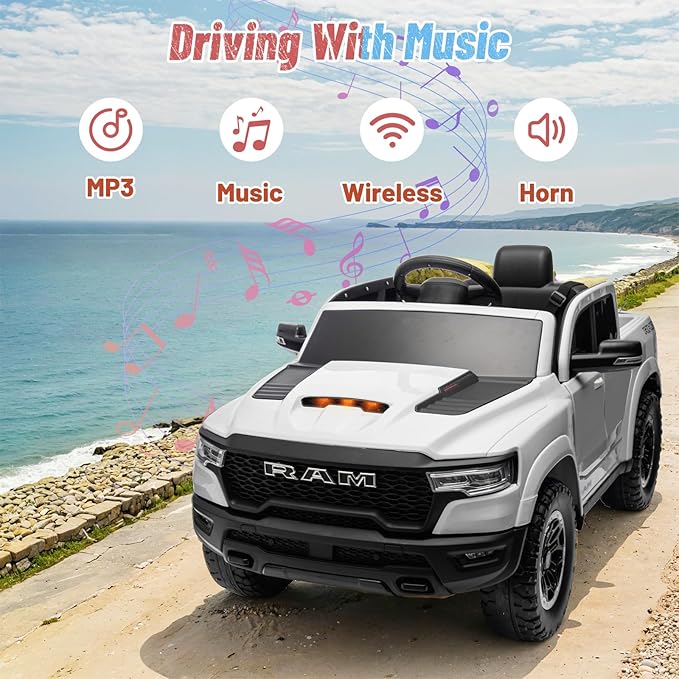 Licensed Ram 1500 Ride on Toys for Kids 4-8, Ride-on Electric Car for Kids with Remote Control, Battery Powered with Car Key/Gear Selector, LED Light/Music/MP3, Back Storage (White)