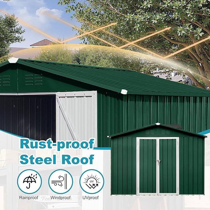 Storage Shed 8ft×6ft Classic Apex Roof Tool Shed Outdoor Storage Metal Garden Storage Sheds Tool Cabinet with Hinged Door Syste for Backyard, Patio, Poolside, Green