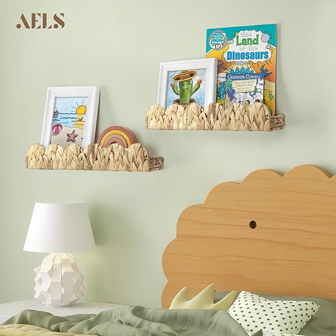 AELS Scalloped Nursery Bookshelf, Set of 2, Picture Ledge Shelf for Wall Decor, Woven Natural Water Hyacinth Floating Shelves for Books, Toys, Photo Frames, Nursery, Boho Modern Farmhouse Book Shelf