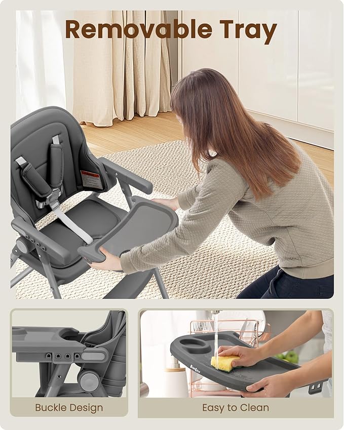 Foldable High Chair, High Chairs for Babies and Toddlers, Dining Chairs and Eating Chair with Adjustable Tray and 5 Point Harness for Infant, Gray
