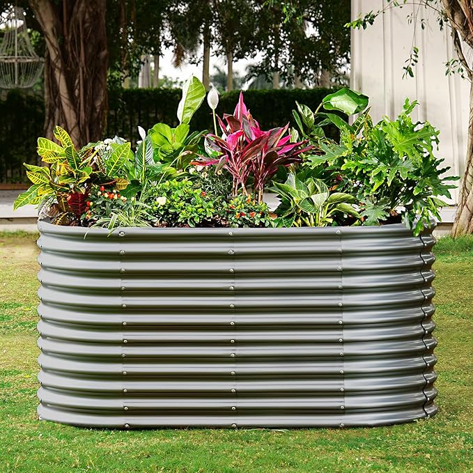 Land Guard 6x3x3ft Oval Galvanized Raised Garden Beds, Large-Capacity Metal Planter Box Outdoor, Durable Deep Raised Garden Bed 3ft Tall, Raised Beds for Gardening Vegetables, Modern Gray
