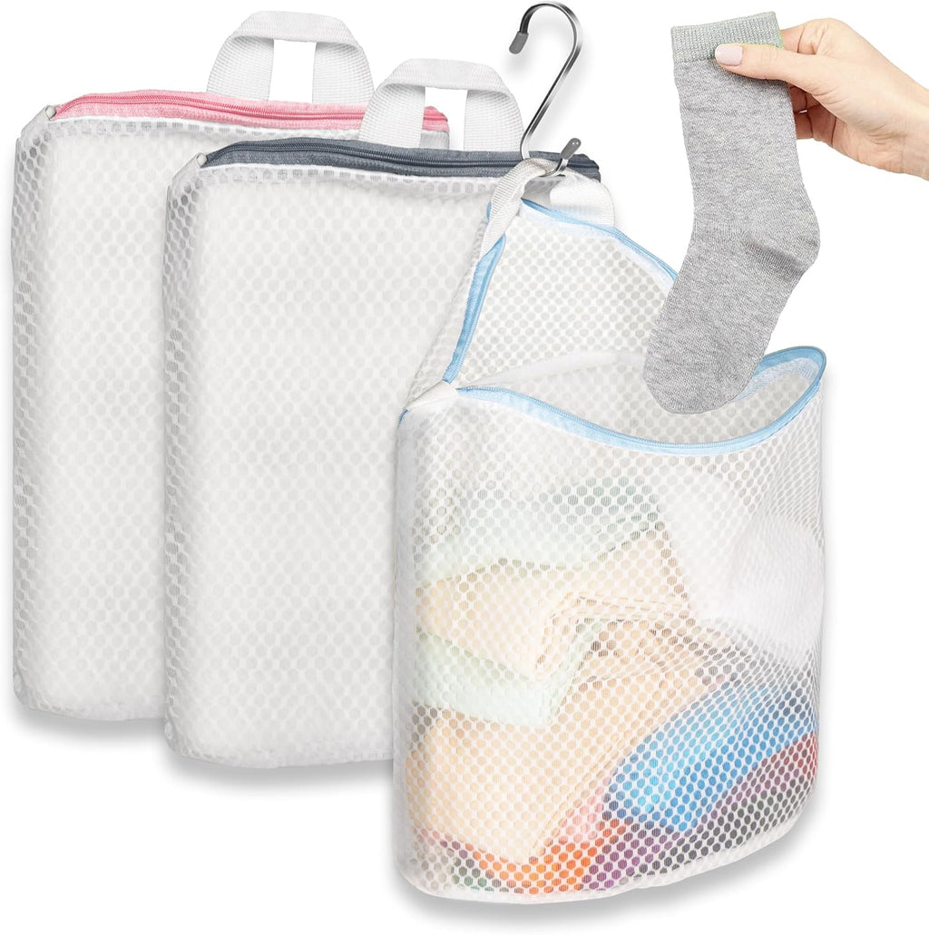 3Pcs Hanging Laundry Bags for Socks with S Hooks, 12 X 10 inch 3 Color Mesh Laundry Bags for Washing Machine