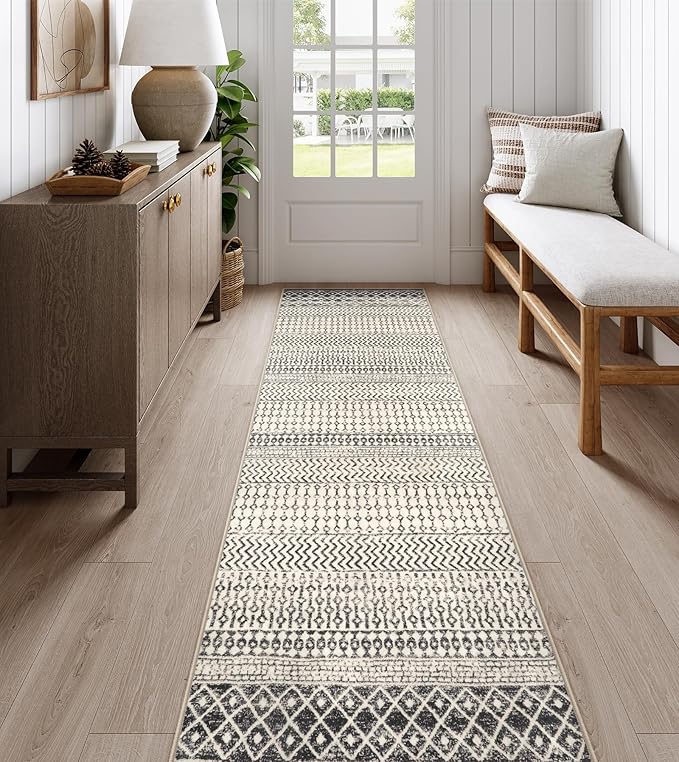 Moroccan Hallway Runner Rug, 2'6''x8' Ktchen Rugs Non Slip Washable, Low-Pile Distressed Bathroom Runner Rug Black Rugs for Bedroom Bathroom Kitchen Entryway Laundry Room