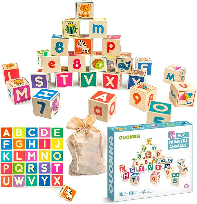 QUOKKA Wooden Blocks for Toddlers 1-3 - 26 ABC Learning Baby Blocks for Kids 3-5 Year Olds Stacking Alphabet Wood Toys for 2-4 yo - Educational with Letters Numbers