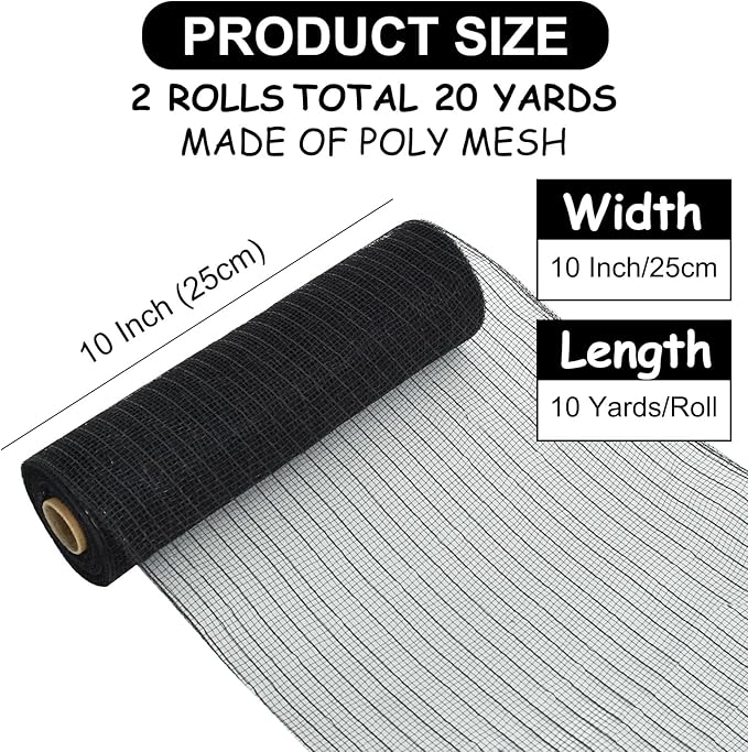 TONIFUL 2 Rolls 10 Inch Black Decorative Mesh Ribbbon Rolls, Fabric Mesh with Foil for Wreath Supplies, Front Door Wreath Crafts Tree Decor Christmas NewYears Halloween Decoration (10 yds/roll)