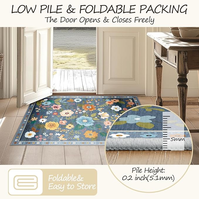 Floral 4ft Area Rug Machine Washable Soft Print Boho Carpet Non Slip Doormat Low Pile Flower Area Rugs for Living Room Bedroom Nursery Kitchen Dining Room Indoor-Blue/Grey