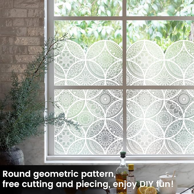 DKTIE Bohemian Decor Stained Glass Window Film with Installation Tools, Two-Way Window Privacy Film, Reduce Glare, Pure White, 17.7 x 118.1 Inch