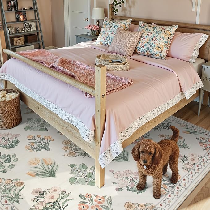 Wonnitar Floral Washable 8X10 Area Rugs, Soft Large Rugs for Living Room, 8 x 10 Low Pile Non Slip Moroccan Bedroom Carpets for Nursery Kids Room Decor Dining Room, Cream Beige