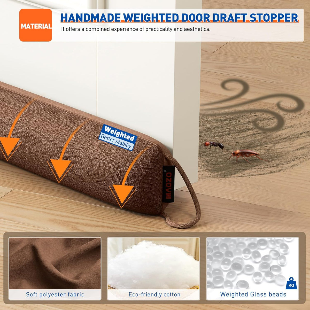 MAGZO Door Draft Stopper, 32 Inch Under Door Draft Blocker Noise Stopper, Weighted Wind Blocker Draft Guard for Bottom of Door, Brown