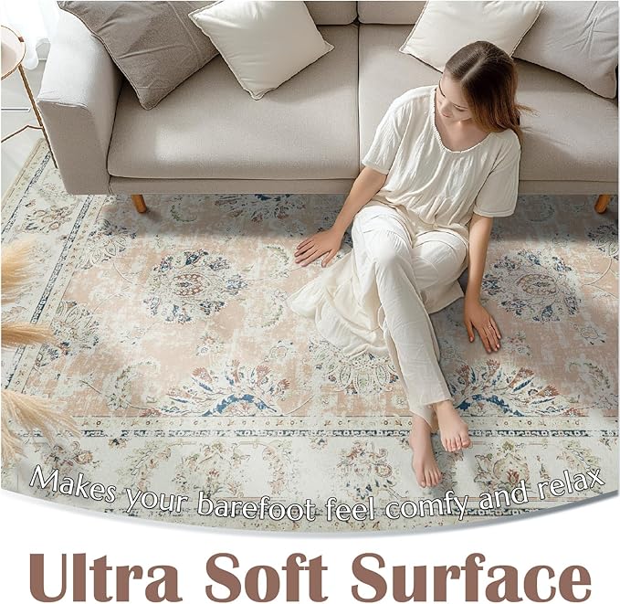 jinchan Washable Area Rug 4x6 Ultra-Thin Low Pile Non-Slip Stain Resistant Soft Faux Wool Spring Floral Rug Distressed Vintage Carpet for Bedroom,Living Room,Dining Room,Kitchen,Nursery(Pink, 4' x 6')