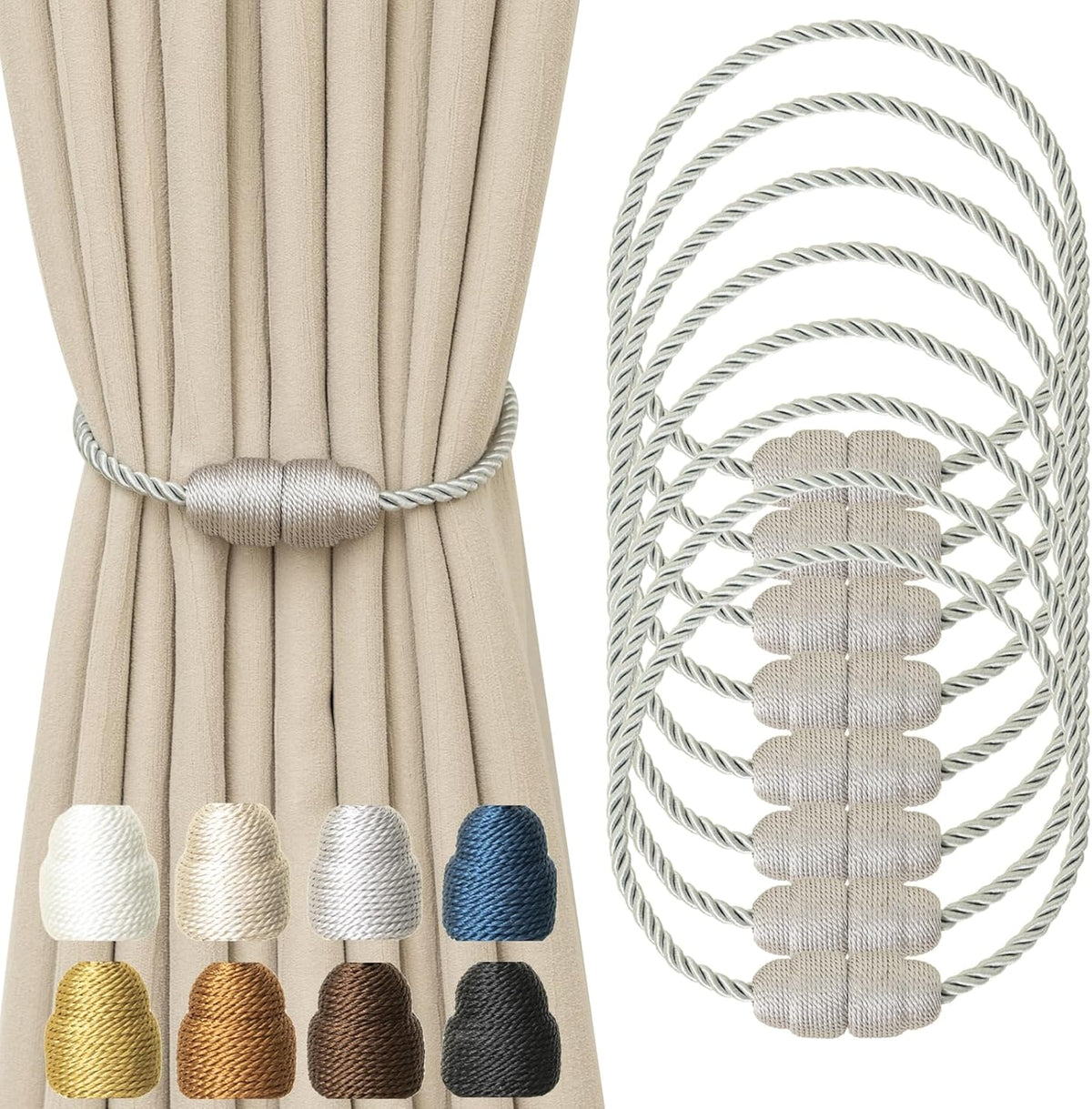 Magnetic Curtain Tiebacks - Rope Tiebacks for Curtains & Drapes, Decorative Window Holdbacks (8 Pack, Grey)