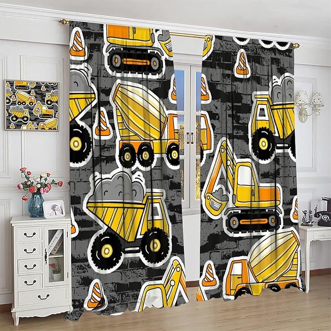 Kids Construction Excavator Window Curtains, Yellow Excavator Transporter Truck Cartoon Vehicles Rod Pocket Decorative Window Curtain for Children Teens Room 55x63in (30% Blackout)
