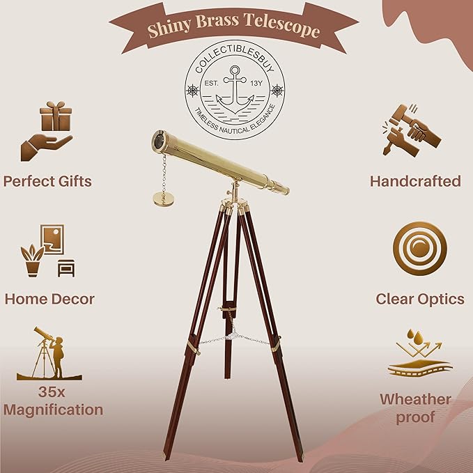 Shiny Brass Nautical Telescope with Wooden Tripod – Vintage Spyglass in Golden & Brown Finish for Home Office Decor, Collector Display & Maritime Gift