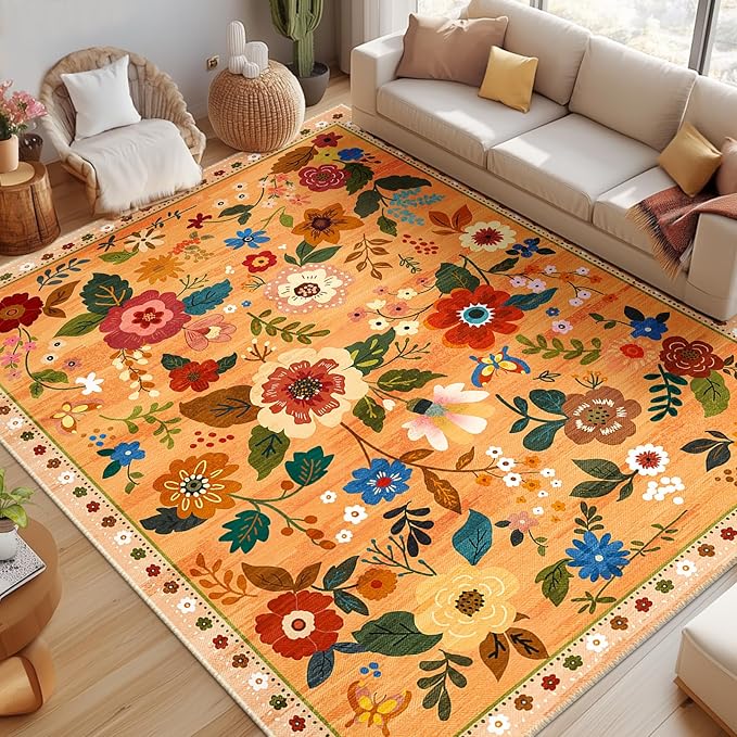Floral 9x12 Area Rug Machine Washable Soft Print Boho Carpet Non Slip Doormat Low Pile Flower Area Rugs for Living Room Bedroom Nursery Kitchen Dining Room Indoor-Yellow/Orange