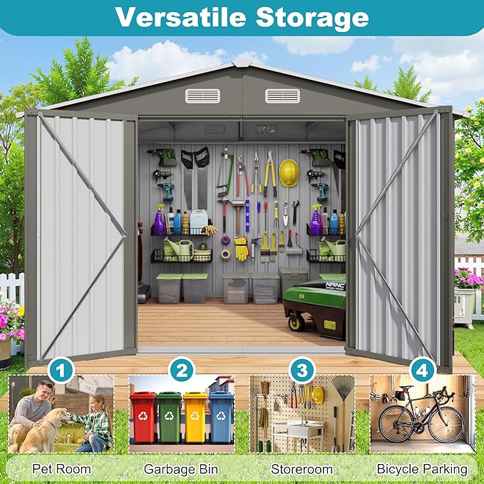 10x8 FT Outdoor Storage Shed, Large Metal Tool Shed with Peaked Roof and Lockable Door, Galvanized Steel Garden Shed with Clear Window for Backyard Garden Patio Lawn, Gray
