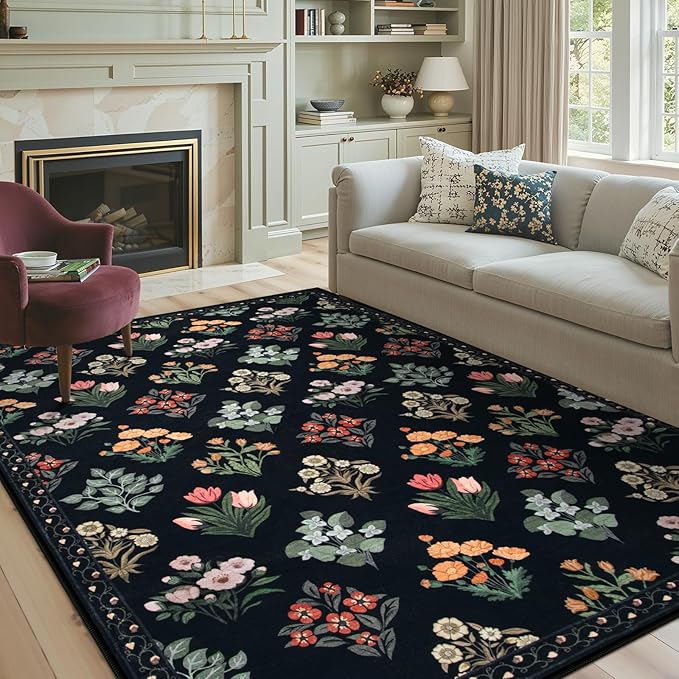 Wonnitar Floral Print Rug for Living Room, Black Washable 5x7 Area Rugs, Ultra-Thin Non Slip Stain Resistant Bedroom Carpet for Dining Room Playroom Office Dorm, Black/Multi