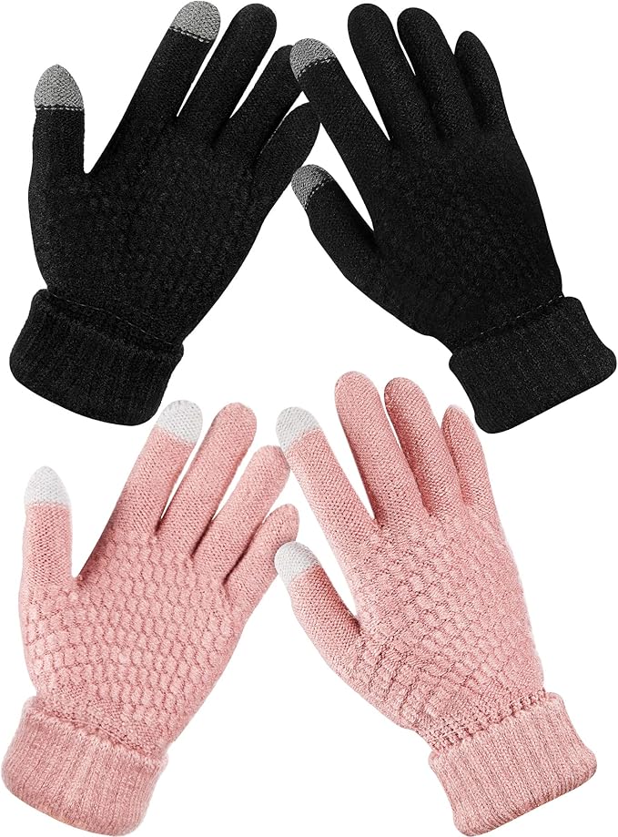 Geyoga 2 Pairs Women's Winter Touch Screen Gloves Soft Warm Fleece Lined Knit Elastic Cuff Winter Texting Gloves