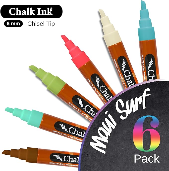 Chalk Ink Chisel Tip Wet Wipe Chalk Markers (Maui Surf, 6mm, 6 Pack)
