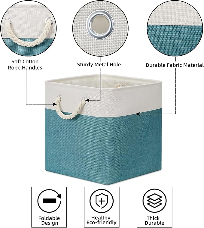 Bidtakay Fabric Baskets for Closets Shelves Lined Set of 3 Large Square Collapsible Storage Bins for Organizing 13 X 13 Cube Storage Bins for Pantry Organization Storage(Teal Blue)