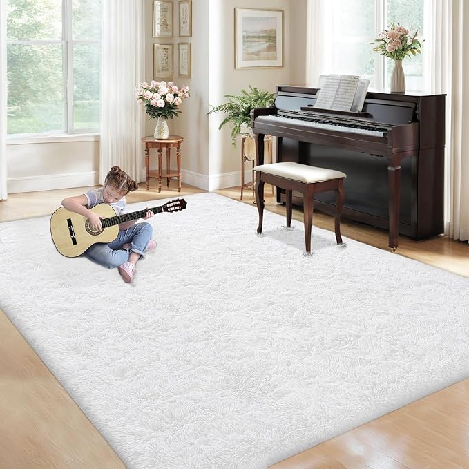 5x7 Area Rug for Living Room: Fluffy Shag Soft Washable Rugs Fuzzy Plush Indoor Carpet for Bedroom Nursery Playroom Dorm Kids Girls Boys Room (White, 5'x7')