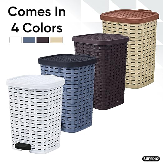 Superio Small Outdoor Trash Can with Lid for Dog Poop 6.8 Gallon/26 L Plastic Step On Garbage Can with Foot Pedal for Bathroom, Bedroom, Office, Patio, Wicker White